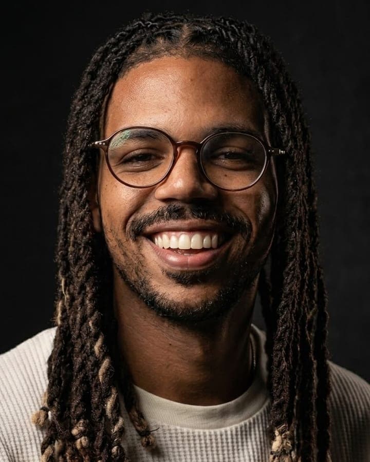 Retrato de Eduardo dos Santos, desenvolvedor front-end sênior, sorrindo de óculos